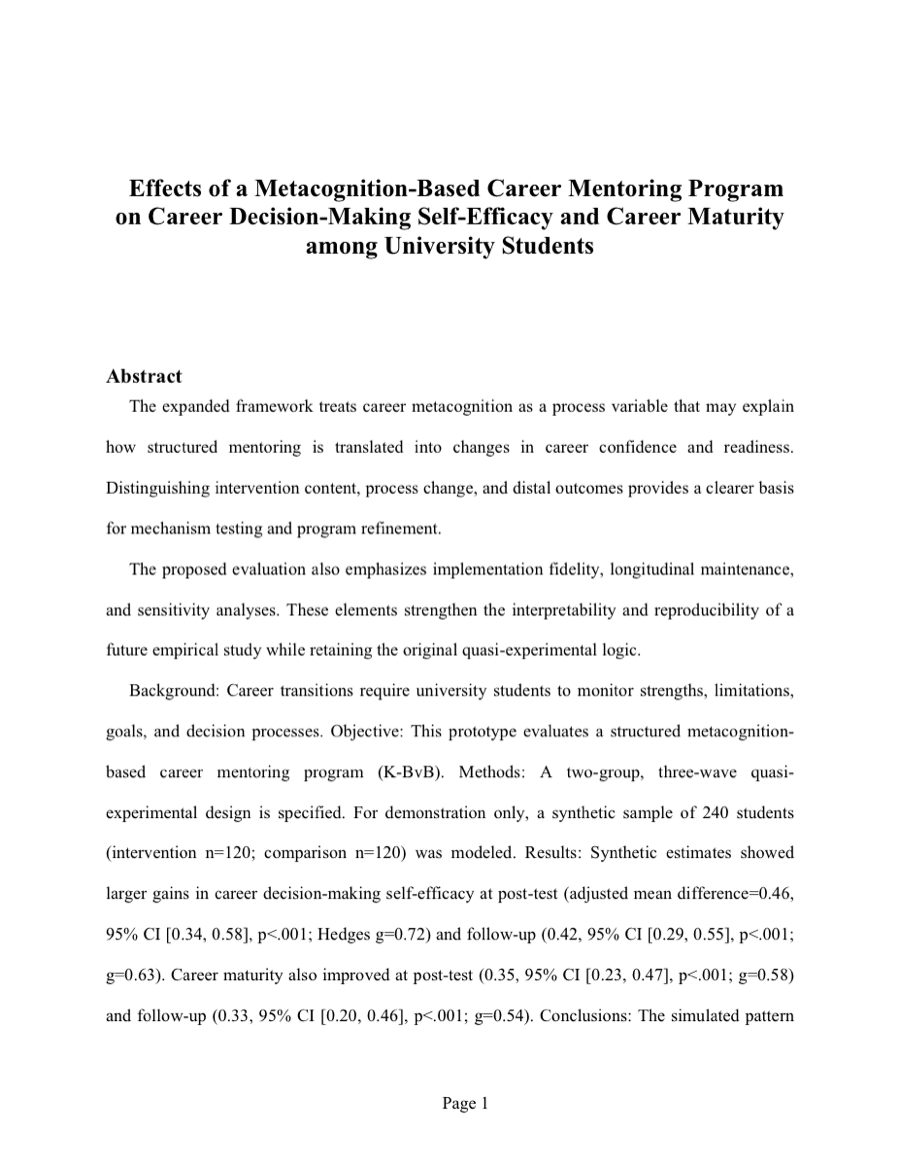 Effects of a Metacognition-Based Career Mentoring Program on Career Decision-Making Self-Efficacy and Career Maturity among University Students